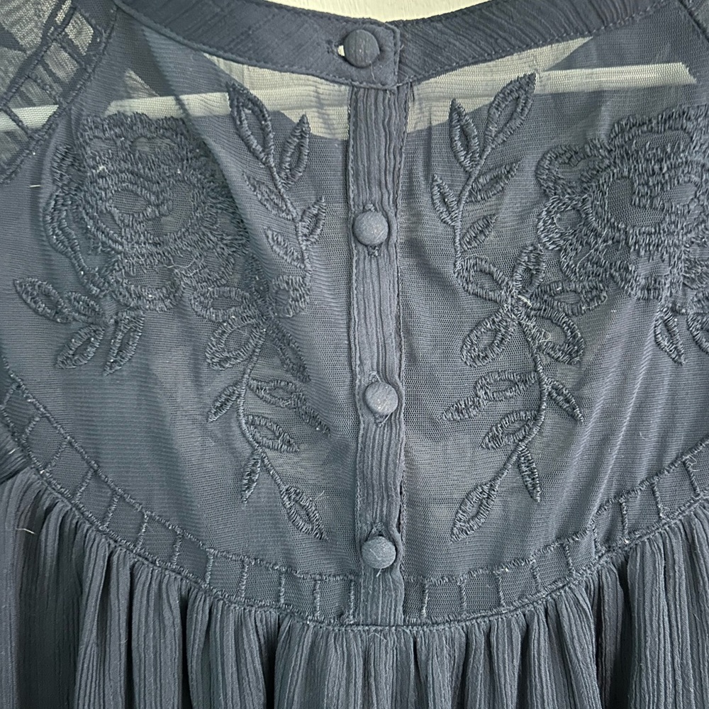 Elegant Sheer Navy Blue Blouse with Floral Embroidery | Maternity